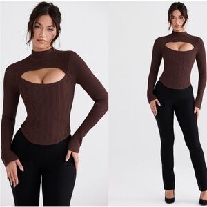 House of CB Brown Ribbed Cutout Top